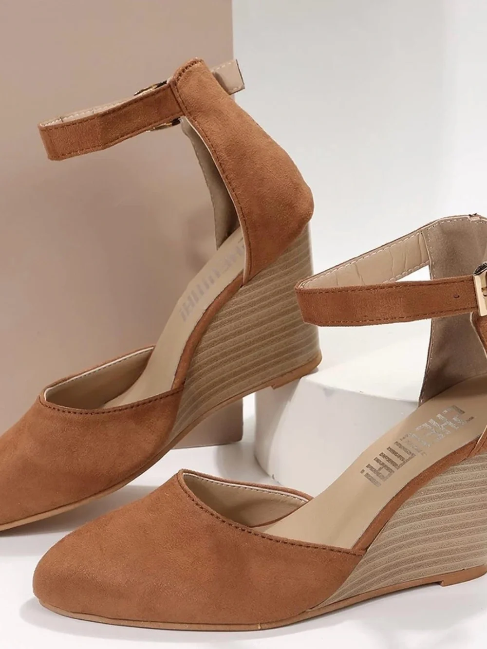 Tan Suede-Like Ankle-Strap Wedge Heels